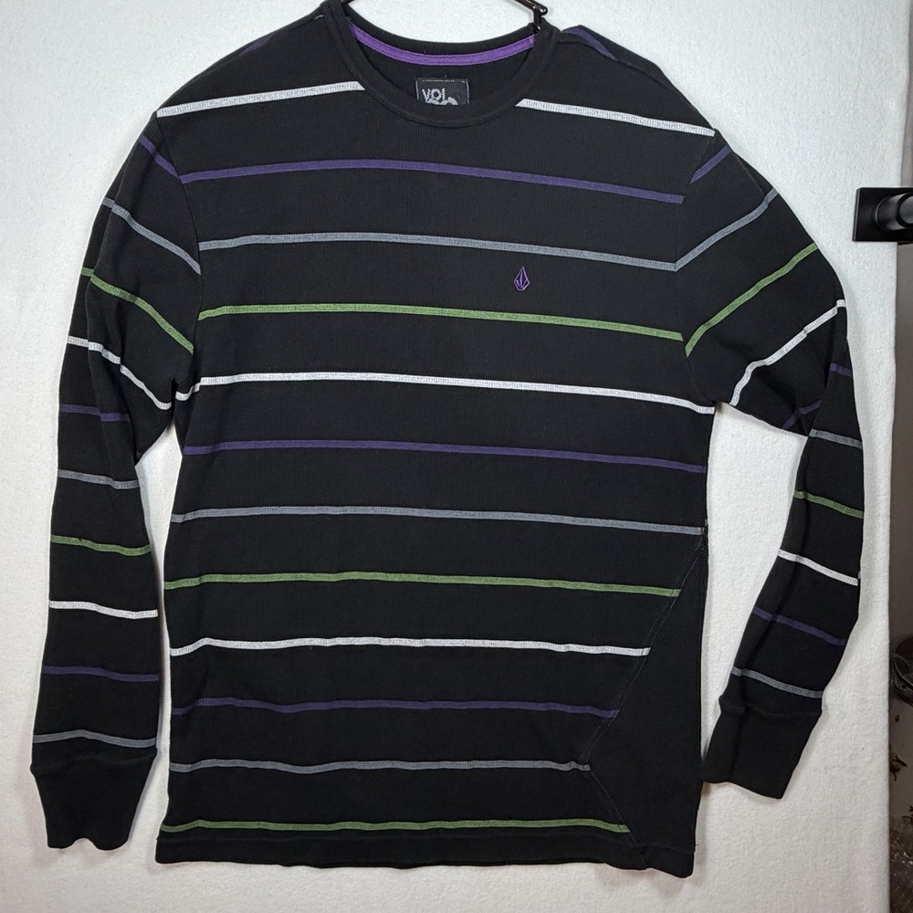 Volcom Shirt Mens XL Black Stripe Rogan Thermal Waffle Knit Long Sleeve Tee